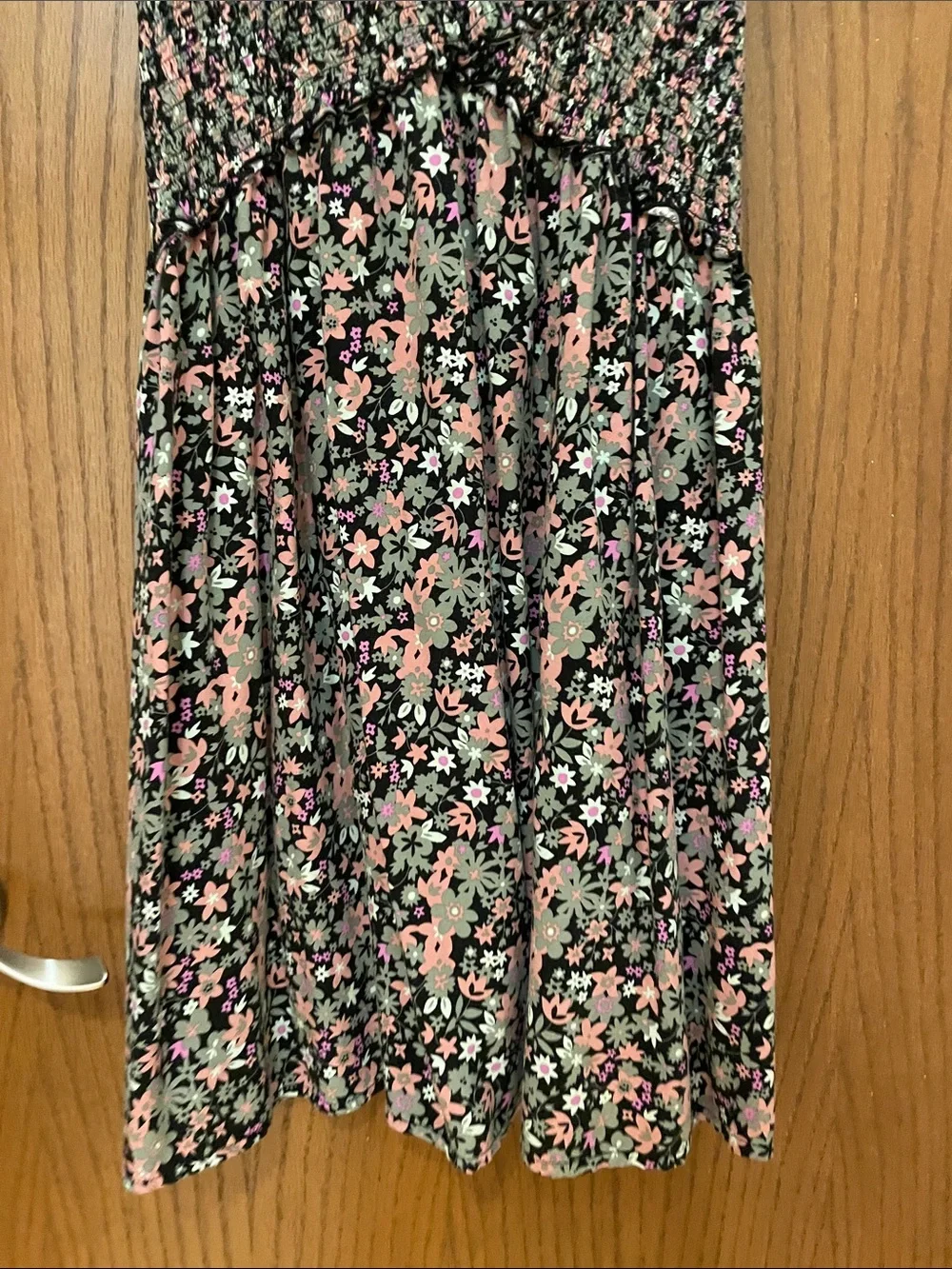 wonder nation Black Floral Smocked Dress with Pink & Green Print